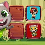 Un gato caricaturesco sonriente con un ojo guiñado junto a un panel de casillas que muestran imágenes de personajes animados