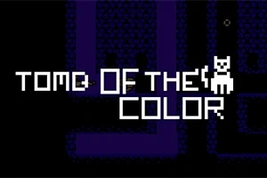 Texto en píxeles TOME OF THE COLOR con un gráfico de gato en estilo retro sobre un fondo oscuro