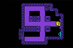 Un laberinto pixelado de paredes moradas con un personaje amarillo y un símbolo azul sobre un fondo negro
