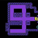 Un laberinto pixelado de paredes moradas con un personaje amarillo y un símbolo azul sobre un fondo negro