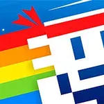 Figura pixelada con una banda roja en la cabeza, sobre un fondo azul con un arcoíris detrás