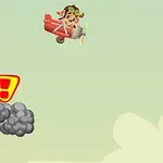 Una figura caricaturesca de una vaca pilota un avión rojo, esquivando globos rojos y una nube de advertencia con un signo de exclamación