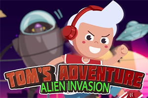 Ilustración de un niño con auriculares rojos y cabello blanco junto a una nave espacial y un robot al fondo, con texto llamativo en la parte inferior