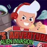 Ilustración de un niño con auriculares rojos y cabello blanco junto a una nave espacial y un robot al fondo, con texto llamativo en la parte inferior