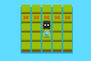 Un personaje cuadrado negro con ojos blancos y una gema azul frente a él, sobre un fondo de mosaico verde con líneas y cruces rojas verticales