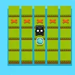 Un personaje cuadrado negro con ojos blancos y una gema azul frente a él, sobre un fondo de mosaico verde con líneas y cruces rojas verticales