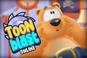 Un oso animado con expresión sorprendente y un cinturón azul junto al texto Toon Blast Online en letras llamativas