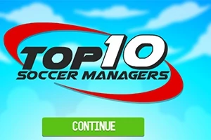 Texto Top 10 Soccer Managers en letras grandes con un diseño de fondo azul y nubes, acompañado de un botón verde que dice Continue