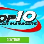 Texto Top 10 Soccer Managers en letras grandes con un diseño de fondo azul y nubes, acompañado de un botón verde que dice Continue