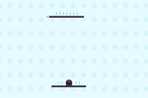 Dos plataformas horizontales con una bola negra en la inferior sobre un fondo de puntos azul claro