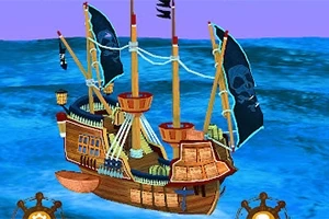 Barco pirata de madera con velas negras y calavera, flotando en un mar azul