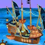 Barco pirata de madera con velas negras y calavera, flotando en un mar azul
