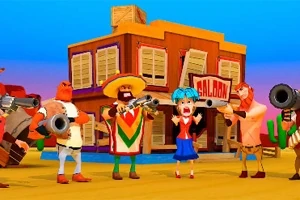 Personajes animados armados frente a un edificio estilo salón del Viejo Oeste con cielo azul de fondo
