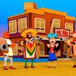 Personajes animados armados frente a un edificio estilo salón del Viejo Oeste con cielo azul de fondo