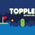 Ilustración con un fondo azul oscuro, un personaje verde, un auto con banderín rojo y la palabra Topple Adventure