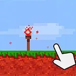 Antorcha pixelada sobre un terreno de bloques de césped y tierra, con un cursor en forma de mano apuntando