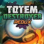 Totem con rasgos faciales caricaturescos y ojos brillantes bajo el texto TOTEM DESTROYER REDUX en estilo gráfico vibrante
