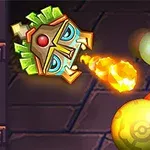 Una figura de máscara decorativa lanza una bola de fuego hacia una fila de esferas coloridas