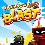 Dos personajes animados con cascos de fútbol americano corren mientras se muestra el texto Touchdown Blast en un fondo azul con rayos de luz