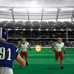 Jugador de fútbol americano con el número 91 corriendo hacia dos defensores en un estadio iluminado