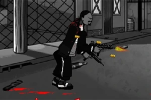 Hombre armado disparando en una calle oscura con cercas y edificios de fondo, y manchas de sangre en el suelo