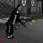Hombre armado disparando en una calle oscura con cercas y edificios de fondo, y manchas de sangre en el suelo
