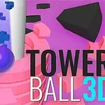 Estructura en espiral rosa con una bola morada y fondo morado, junto al texto Tower Ball 3D