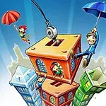 Personajes con paraguas flotando alrededor de edificios coloridos y apilados verticalmente