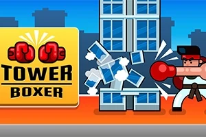 Un personaje de dibujos animados con guantes de boxeo golpea un edificio, acompañado de un cartel amarillo con guantes rojos y la palabra BOXER