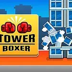 Un personaje de dibujos animados con guantes de boxeo golpea un edificio, acompañado de un cartel amarillo con guantes rojos y la palabra BOXER