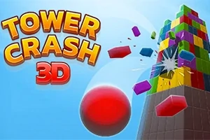Pelota roja impactando una torre de bloques de colores bajo un cielo azul con texto Tower Crash 3D