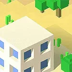 Edificio blanco de estilo cúbico con ventanas azules en un paisaje desértico con cactus y árboles pixelados