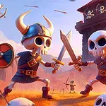Esqueletos guerreros con cascos y escudos luchando con espadas frente a una torre, mientras otros arqueros esqueletos disparan desde arriba