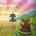 Escena animada con un camino serpenteante rodeado de torres de defensa y un cielo colorido con rayos de sol y montañas al fondo