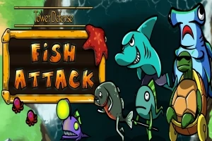 Animales marinos caricaturizados junto a un letrero que dice Fish Attack
