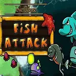 Animales marinos caricaturizados junto a un letrero que dice Fish Attack