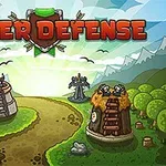 Paisaje caricaturesco con torres de defensa, árboles, y un camino serpenteante bajo un cielo azul
