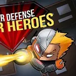 Personaje con armadura futurista lanzando un rayo amarillo en una escena urbana con el texto Tower Defense Super Heroes