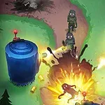 Zombis caminando por un camino en un bosque mientras son atacados por torres con cañones que disparan y provocan una explosión
