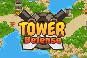 Mapa colorido con caminos, árboles, castillos y el texto Tower Defense en el centro