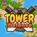 Mapa colorido con caminos, árboles, castillos y el texto Tower Defense en el centro