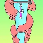 Estructura de plataformas en espiral de color rosa con un fondo degradado verde y amarillo, y números positivos visibles en el centro