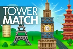 Ilustración de varias torres icónicas en un paisaje verde con el texto TOWER MATCH en la parte superior izquierda