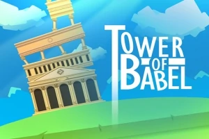 Una torre inclinada de estilo clásico sobre una colina verde, con el texto Tower of Babel al lado derecho