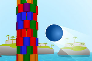 Torre de bloques de colores con una bola azul en el aire sobre un fondo de islas con palmeras