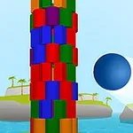 Torre de bloques de colores con una bola azul en el aire sobre un fondo de islas con palmeras