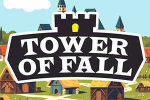 Un letrero con el texto Tower of Fall sobre un fondo de pueblo medieval con torres y tejados