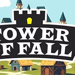Un letrero con el texto Tower of Fall sobre un fondo de pueblo medieval con torres y tejados