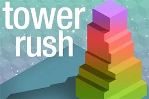 Ilustración de una torre colorida en bloques escalonados con el texto tower rush a un lado