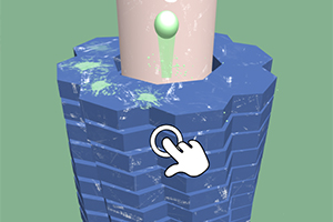 Una torre de bloques azules con un cilindro rosa en el centro y un ícono de mano apuntando hacia la torre
